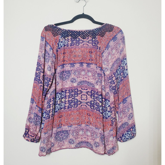 Lucky Brand Womens Medium‎ Peasant Top Bohemian Balloon Sleeve Printed Tassel - Picture 4 of 9